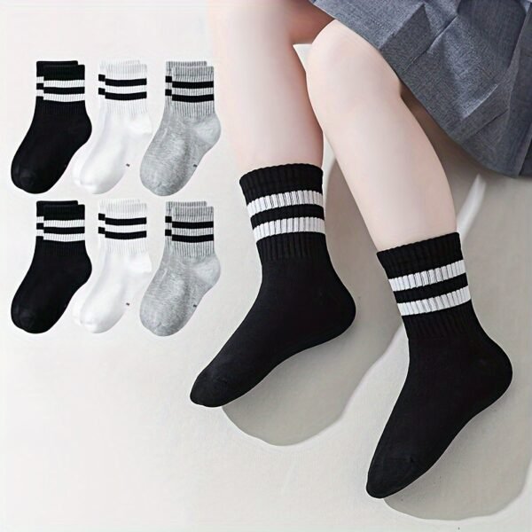 [Machine Washable] 6-Pair Striped Kids Socks | 6-Pack | 95% Polyester 5% Spandex | Machine Washable | Ankle Socks | For Boys and Girls, All Seasons | Striped | Knitted Stretchy - Image 3