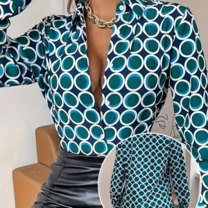 Women's Polka Dot Print Button Front Shirt - Elegant Long Sleeve Lapel Shirt - For Women - Suitable for Parties & Office Wear - Perfect Gift for Her