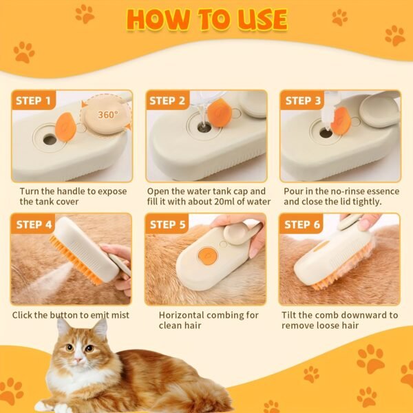 3-in-1 Rechargeable Self-Cleaning Steam Pet Brush for Cats and Dogs with Massage Feature, Loose Hair Removal, Battery & USB Powered, Plastic Material - Image 5