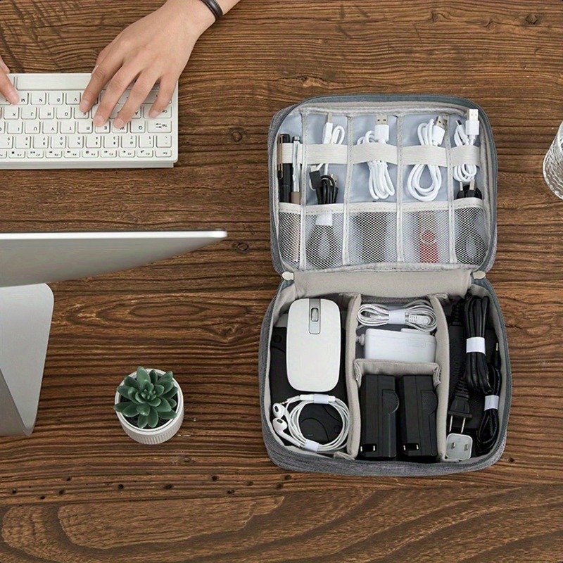 Heavy-Duty Travel Organizer Bag for Electronics & Cables - Adjustable Compartments, High Quality Canvas, Leather-like Material, 3.5x7.9.45 Inch, Mixed Colors with Orange Accents - Holds Chargers, Power Banks, Earphones, USB Cables, Large Capacity Travel B - Image 6