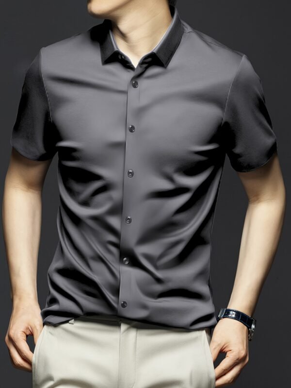 [Solid Formal Shirt] Mature Men's Solid Formal Short Sleeve Button Up Shirt - Summer Business Top - Image 3