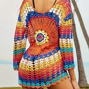 Rainbow Knitted Crochet Beach Cover Up Dress Women Long Sleeve Hollow Out Swimwear Bathing Suit Cover Ups Without Bikini