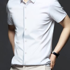 [Solid Formal Shirt] Mature Men's Solid Formal Short Sleeve Button Up Shirt - Summer Business Top