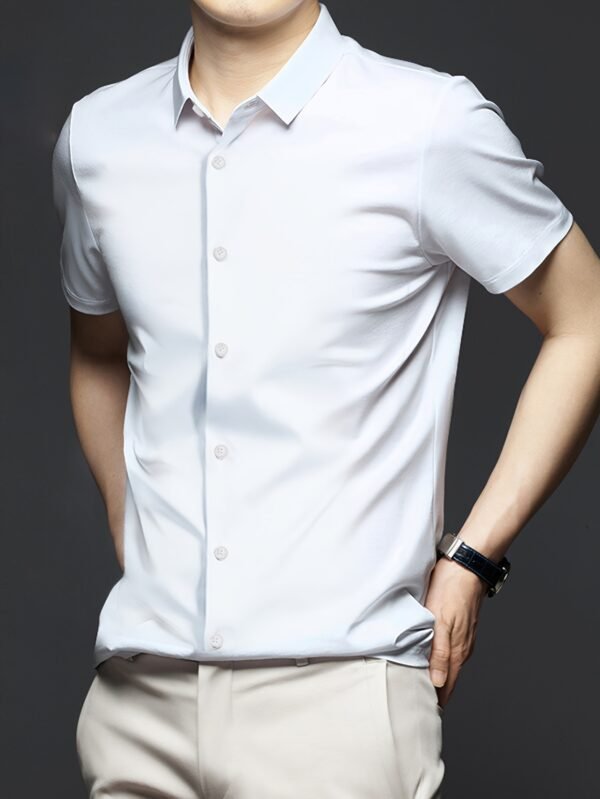 [Solid Formal Shirt] Mature Men's Solid Formal Short Sleeve Button Up Shirt - Summer Business Top