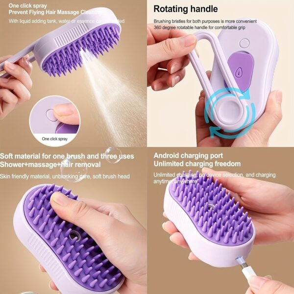 3-in-1 Steam Pet Brush - USB Rechargeable, Foldable Grooming Tool for Cats & Dogs with Silicone Bristles, Ideal for Long & Short Fur - Image 9