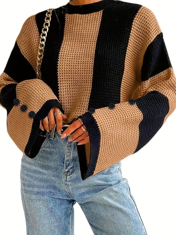 Casual Crew Neck Striped Pullover Sweater - Flare Sleeve Knitted Top for Women - Image 3