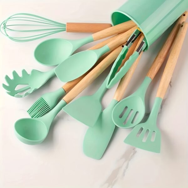 12-Piece Premium Non-Stick Silicone Kitchen Utensil Set with Ergonomic Wooden Handles - Durable, Heat-Resistant, Easy to Clean, and Safe for Cooking and Baking - Ideal for Back to School, Dorm Essentials, and Home Cooking Enthusiasts - Image 11