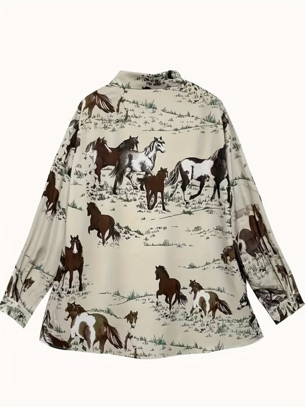 Vibrant Horse Print Long Sleeve Lapel Collar Shirt for Women - Button Front, Casual Polyester Shirt with Random Animal Pattern - Perfect for All Seasons - Image 2