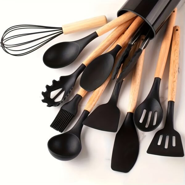 12-Piece Premium Non-Stick Silicone Kitchen Utensil Set with Ergonomic Wooden Handles - Durable, Heat-Resistant, Easy to Clean, and Safe for Cooking and Baking - Ideal for Back to School, Dorm Essentials, and Home Cooking Enthusiasts - Image 5