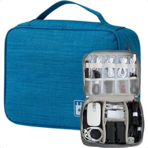 Heavy-Duty Travel Organizer Bag for Electronics & Cables - Adjustable Compartments, High Quality Canvas, Leather-like Material, 3.5x7.9.45 Inch, Mixed Colors with Orange Accents - Holds Chargers, Power Banks, Earphones, USB Cables, Large Capacity Travel B