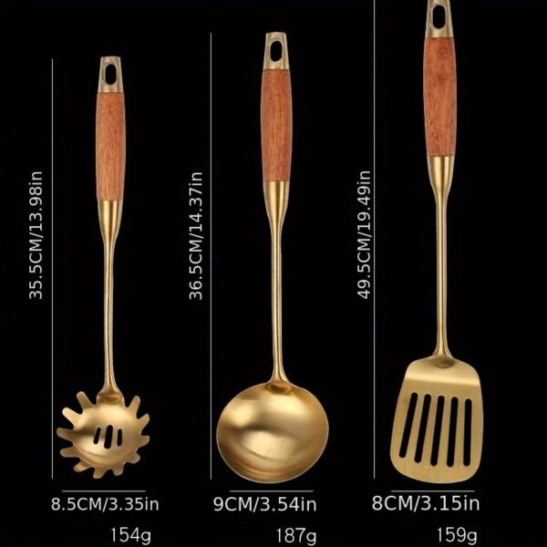 6pcs Luxury Golden Stainless Steel Kitchen Utensil Set - Includes Spatula, Ladle, Slotted Turner & More - Perfect for Cooking, Baking & Serving - Ideal Gift for Holidays - Image 3