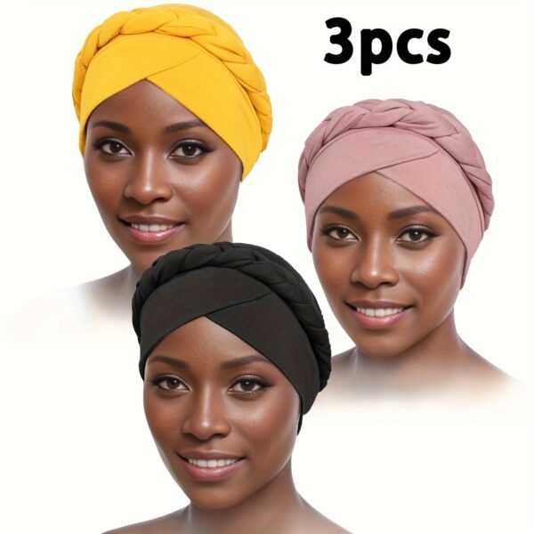 3pcs/set Vintage Braided Boho Head Wraps - Elastic and Breathable Forehead Turban Hats for Women - Perfect for Ramadan, Chemo, and Everyday Wear - Image 11
