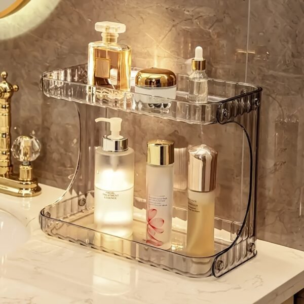 1pc Double Layer Bathroom Storage Rack, 2 Tier Bathroom Organizer for Perfumes And Makeups, Skincare, Toiletries, Modern Plastic Desktop Storage Holder for Bathroom - Image 3