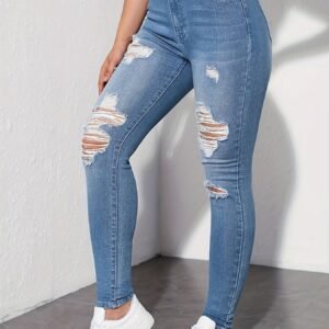 [Fast Arrival] Stylish High-Waisted Vintage Ripped Jeans - Women Jeans with Pockets, Light Blue Wash, Casual Skinny Denim Trousers, Street Fashion, Comfortable and Fashionable Clothing for Women