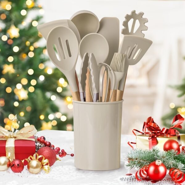 12-Piece Premium Non-Stick Silicone Kitchen Utensil Set with Ergonomic Wooden Handles - Durable, Heat-Resistant, Easy to Clean, and Safe for Cooking and Baking - Ideal for Back to School, Dorm Essentials, and Home Cooking Enthusiasts