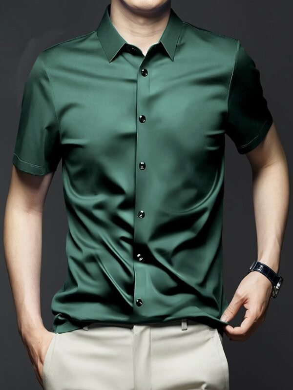 [Solid Formal Shirt] Mature Men's Solid Formal Short Sleeve Button Up Shirt - Summer Business Top - Image 6
