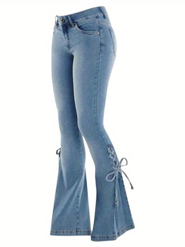 Women Jeans, High Waist Tie-up Solid Slim Fit Casual Flared Pants Trousers Streetwear - Image 2