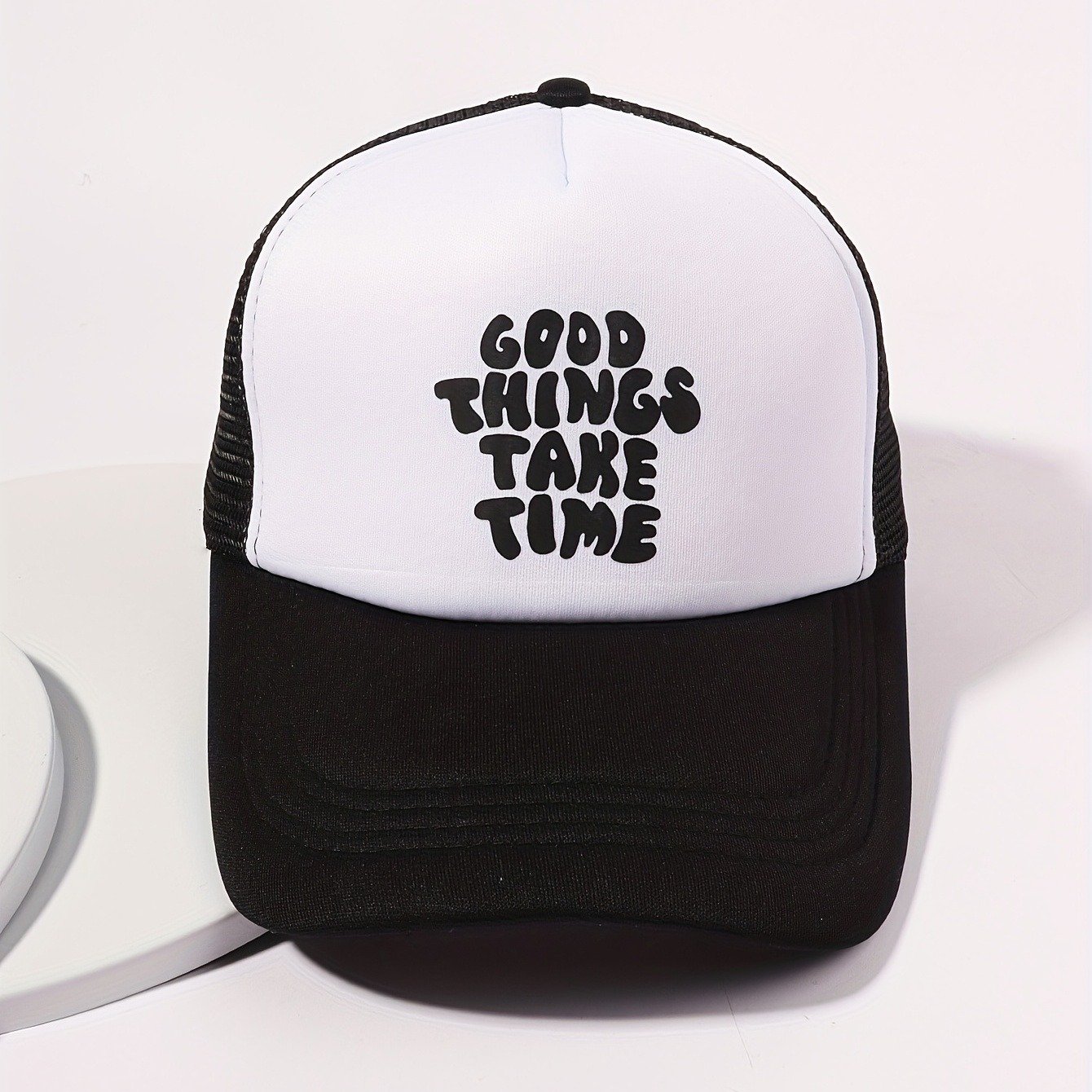 Printed Mesh Trucker Hat Good Things Take Time Color Block Baseball Cap Unisex Simple Breathable Dad Hats For Women Men - Image 2