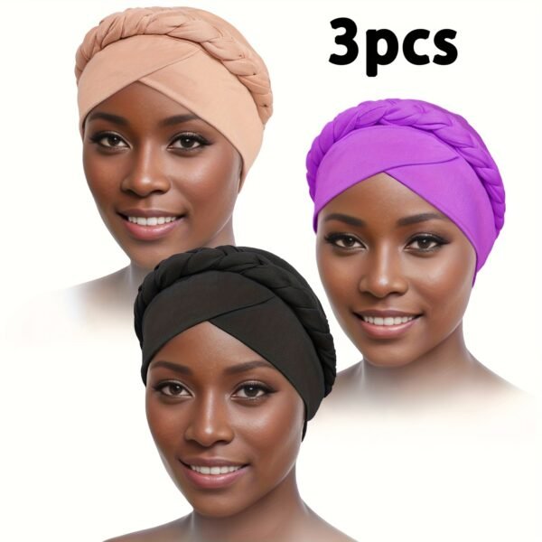 3pcs/set Vintage Braided Boho Head Wraps - Elastic and Breathable Forehead Turban Hats for Women - Perfect for Ramadan, Chemo, and Everyday Wear - Image 8