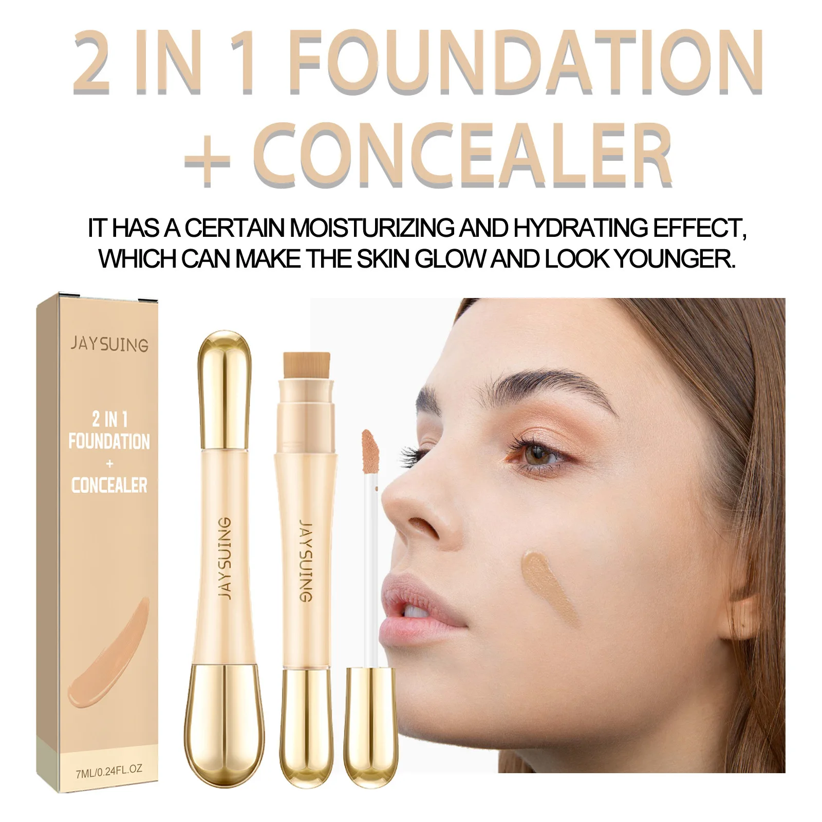 Jaysuing 7ml 2in1 Concealer Foundation Makeup Pen Dark Circle Cover Blemish Long-Lasting Concealing Face Brightening Contouring - Image 2
