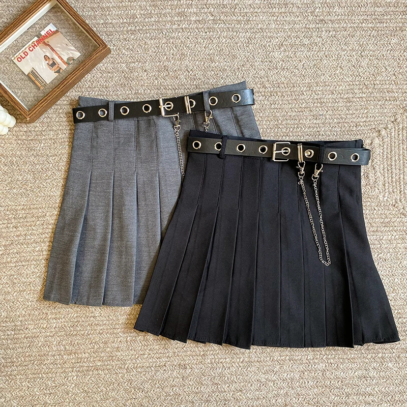 Spring Fall Japanese Style Short Mini Pleated Skirt Women Belt Chain Sexy Y2K High Waist A-line Skirts Leisure Solid Color Jupes - Image 4