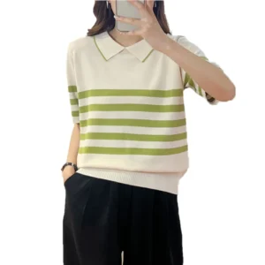 Summer New Arrival Neck Short Sleeve Stripe Knit Women Shirt