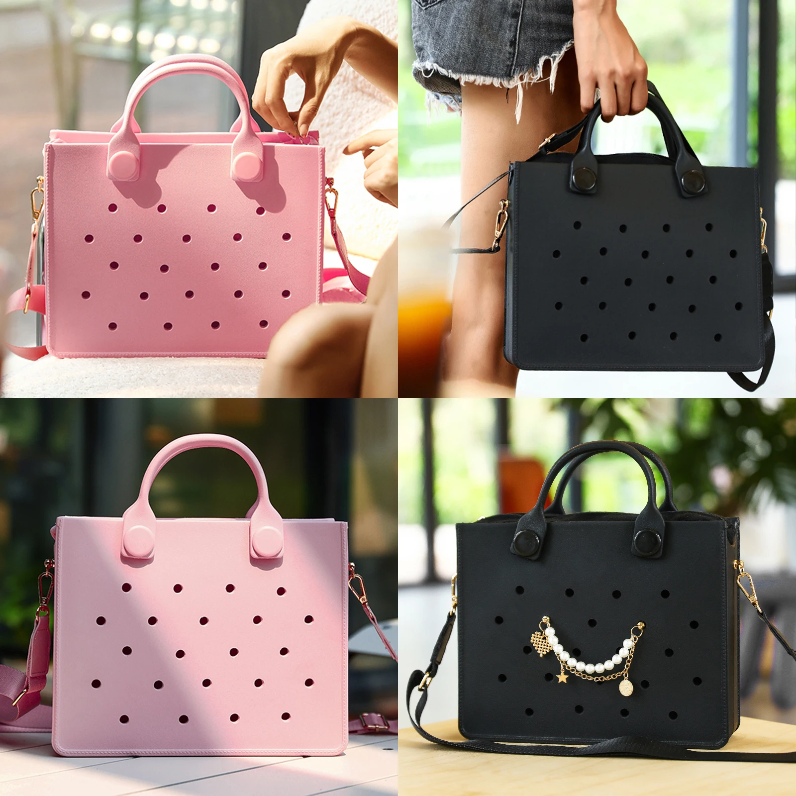 Perforated Colorful Reusable EVA Handbag Pink Women's Large Tote Bags for Women & Girl with Shoulder Strap for Beach & College - Image 5