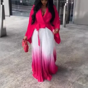 Miayke Pleated 2Pc Sets Gradient 2024 Autumn Luxury Loose Tie Open Coat Long Pleats Skirt Women Elegant Set