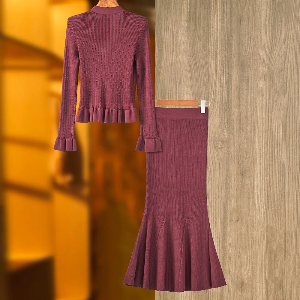 Lady Spring New Arrival V-neck Long Sleeve Single-breasted Ruffles Cardigan Midi Skirt Women Solid Knit Twin Sets - Image 2