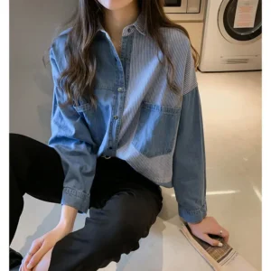 Women Shirt Casual Long Sleeve Denim Patchwork Shirts Women's Blouse Clothes Loose Striped Comfortable Tops Fashion Female Shirt
