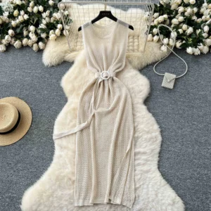 Outer Layered Skeleton See-through Mesh Knit Dress Women Summer Round Neck Sleeveless Vest Dresses