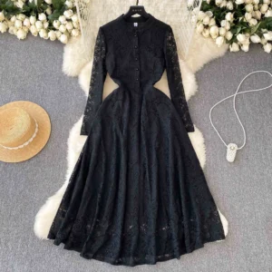 Autumn Stand Collar Long Sleeve Lace Casual Dress Women High Waist Lace  Ladies Clothes Women