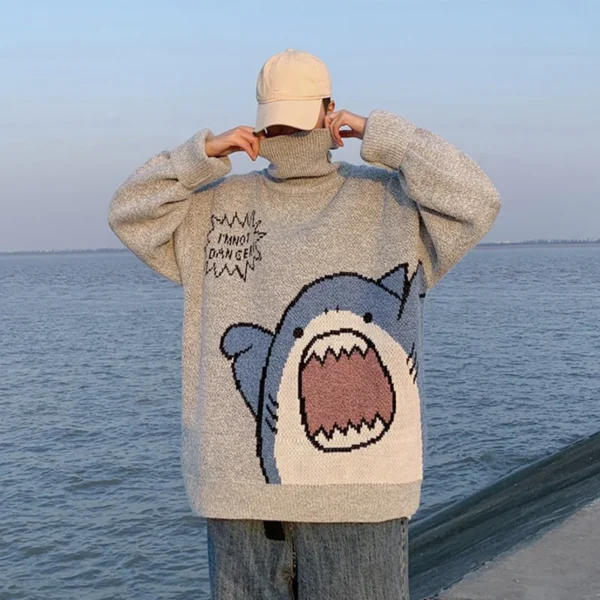 Men Turtlenecks Shark Sweater Men 2023 Winter Patchwork Harajuku Korean Style High Neck Oversized Grey Turtleneck for Men - Image 2