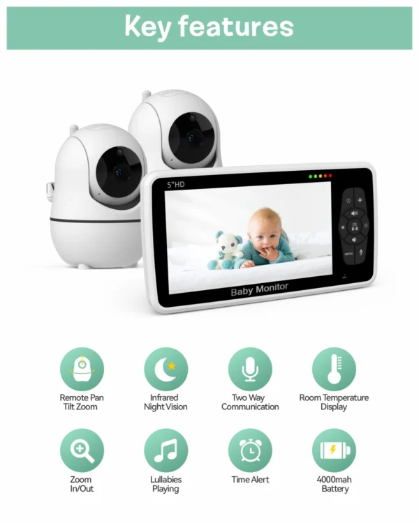 5'' 720P HD Smart Baby Monitor with Two Cameras Baby Phone Pan Tilt Baby Camera with Video Monitor Two Cameras SM50(1+2) - Image 6