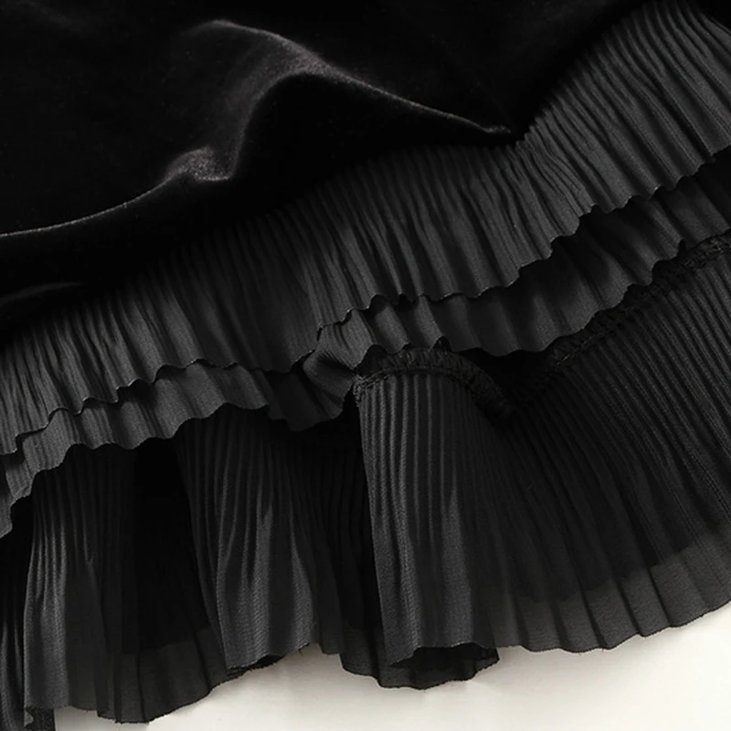 2024 Fall Winter Velvet Midi Skirt Women Ruffles Patchwork Elegant Warm Black High Waist Luxury Long A-line Skirt Ladies Faldas - Image 5