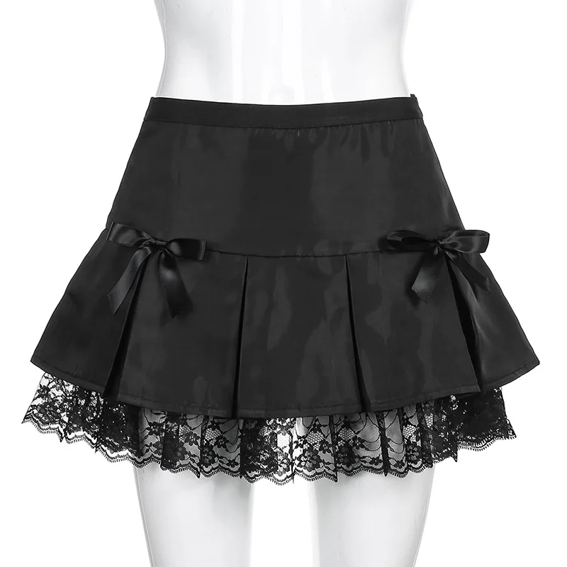 Ladies A-Line Skirt Sexy Lace Mini Skirt Women Pleated Skirt Casual Preppy Girl Black Patchwork Bow Dress - Image 3