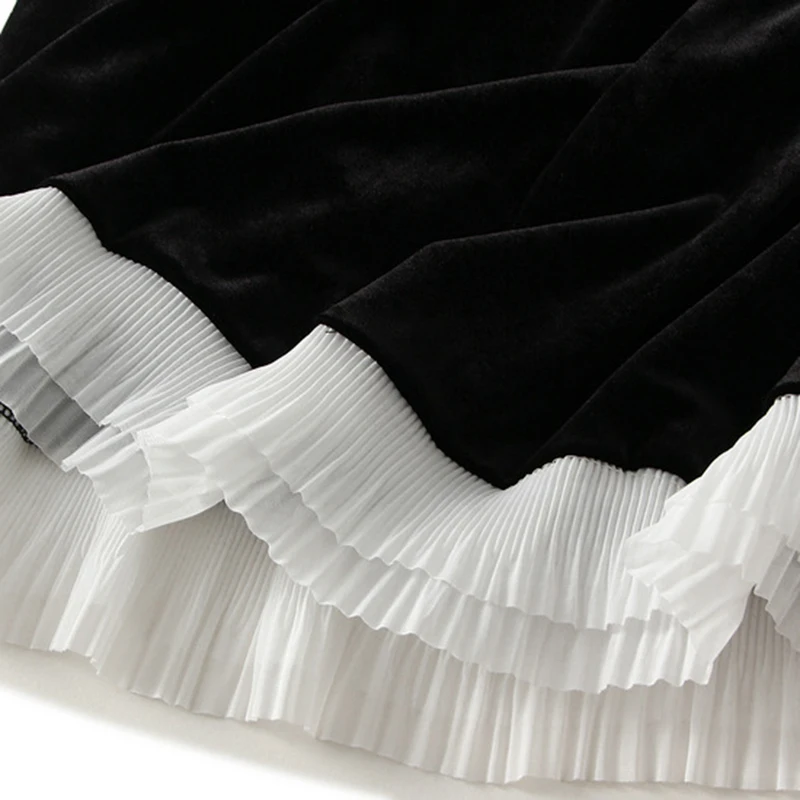 2024 Fall Winter Velvet Midi Skirt Women Ruffles Patchwork Elegant Warm Black High Waist Luxury Long A-line Skirt Ladies Faldas - Image 3