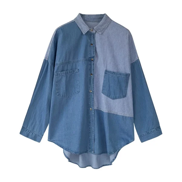 Women Shirt Casual Long Sleeve Denim Patchwork Shirts Women's Blouse Clothes Loose Striped Comfortable Tops Fashion Female Shirt - Image 3