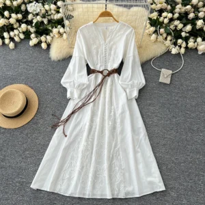 French Elegant White Sashes A-line Long Dress Women Heavy Industry Embroidery Lantern Sleeve Vacation Dresses Ladies Clothing