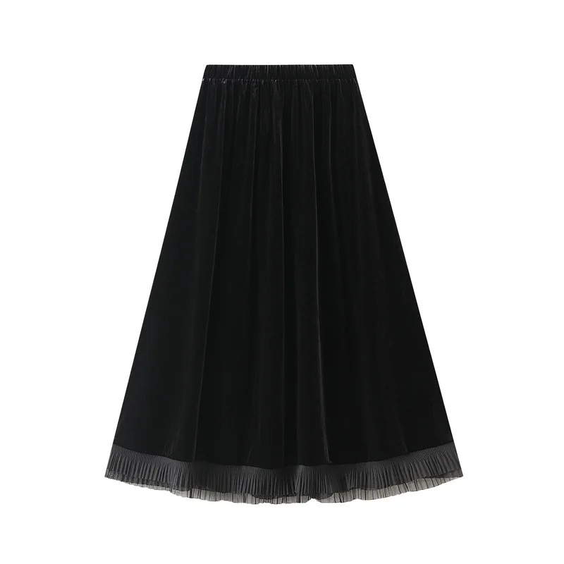 2024 Fall Winter Velvet Midi Skirt Women Ruffles Patchwork Elegant Warm Black High Waist Luxury Long A-line Skirt Ladies Faldas - Image 2
