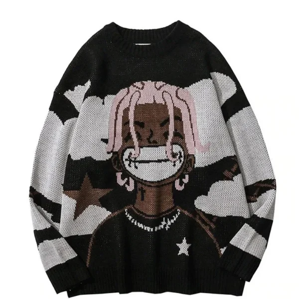 Vintage Cartoon Anime Knitted Sweater Men Winter Oversized Men's Rock Hip Hop Rap Pullover Women Jumper Ugly Sweater