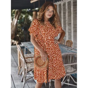 7073-RD- Dress Women Casual Dresses Lotus Sleeve Polka Dot Women Ladies Summer