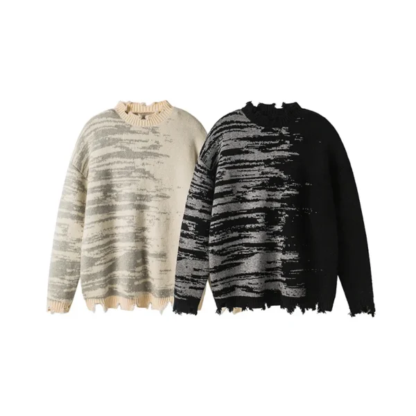 Custom LOGO OEM & ODM Newest Youth Pullover Sweater Crew Neck Ripped Casual Color Block Knitwear Winter Knitted Sweater Men