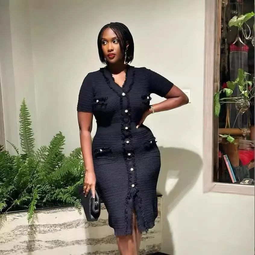 Ladies Bodycon Out Fit Buttoned Sweater Dress Women V-neck Mid Length Womens Long Skirt Summer Knitted Short Sleeved Knitwear - Image 5