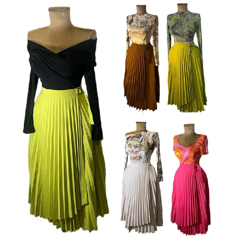 HK7517 Latest Design Summer Skirt Women High Waist Slim Lace up Irregular Mid Length A-line Pleated Skirts for Women