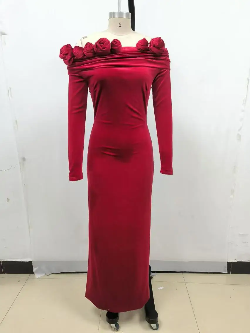 LS2525 Spring Off the Shoulder Dress Women Clothing Elegant Velvet Dress for Women Evening Party Dresses - Image 4