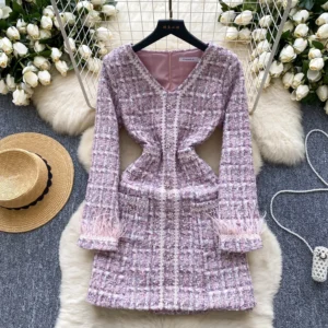 New Arrivals French Tweed Dress Women V-Neck Splicing Slim Short Mini Dresses for Ladies