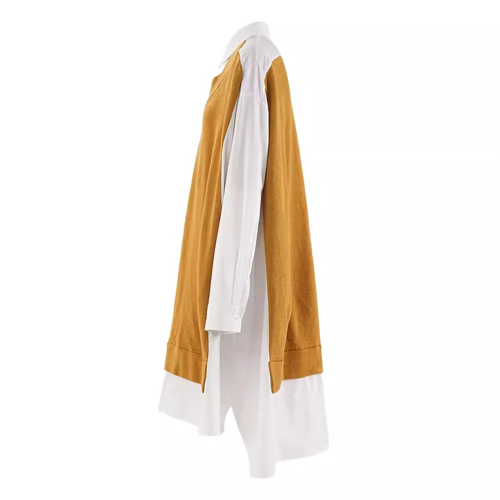 2024 Autumn and Winter New Silhouette Knit Stitching Shirt Dress Women Casual Simple Design Sense Dress - Image 3