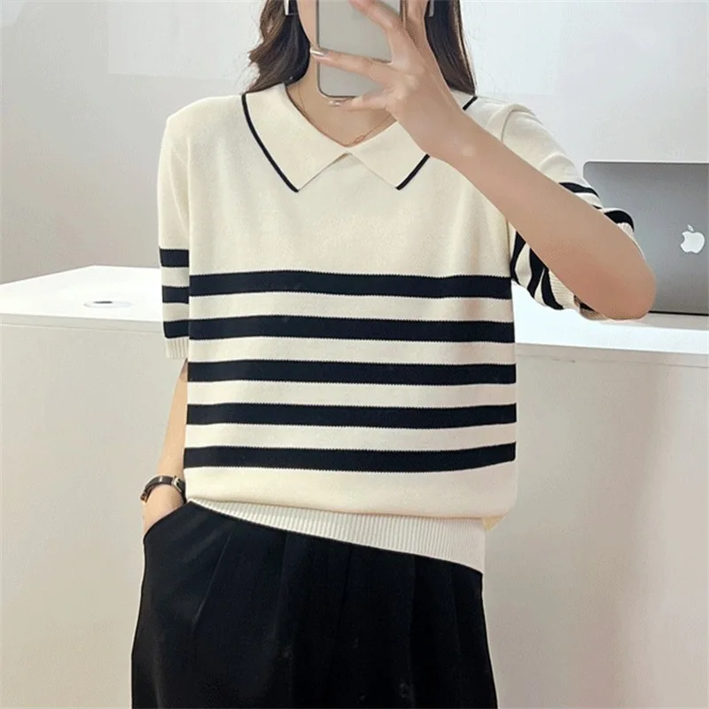 Summer New Arrival Neck Short Sleeve Stripe Knit Women Shirt - Image 2