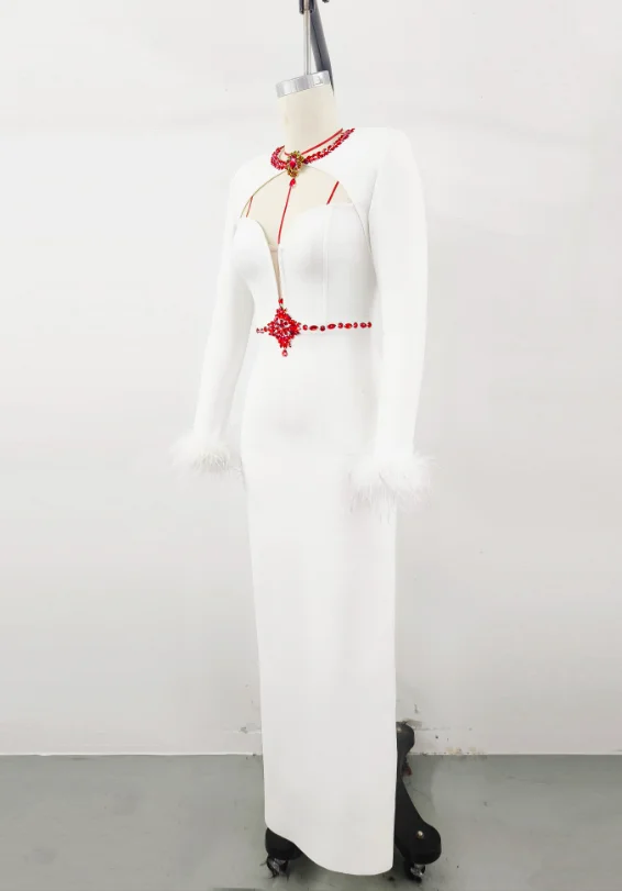 LS2530 Kimshein High Quality Dress With Ostrich Feathers Diamond Dress Women Crystal Long Sleeve Bandage Dress - Image 5
